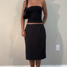 Vintage y2k Black Pinstripe Low Waist Midi Skirt Office Siren Sz 6