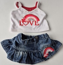 BUILD A BEAR BAB LOVE OUTFIT BLUE JEAN SKIRT WITH HEARTS/RAINBOW W LOVE TANK TOP