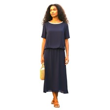Talbots Navy Blue Blouson Style Midi Dress 14 Crepe Office Party Normcore