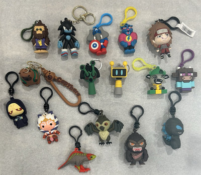 Lot of 16 Figural 3D Keychain Bag Clips Figures Mix/ Used