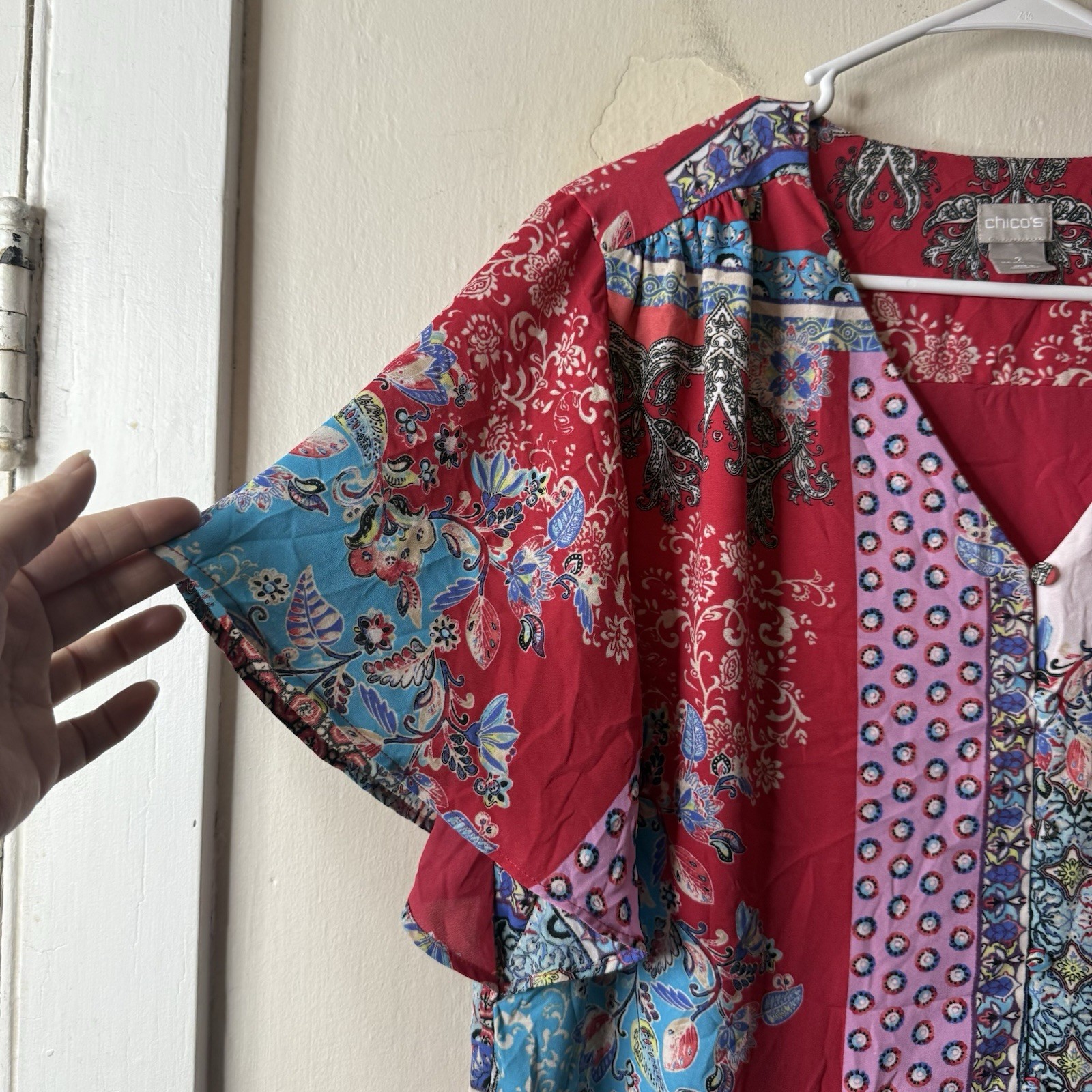 Chicos Pink Patchwork Short Flutter Sleeve Peplum… - image 2