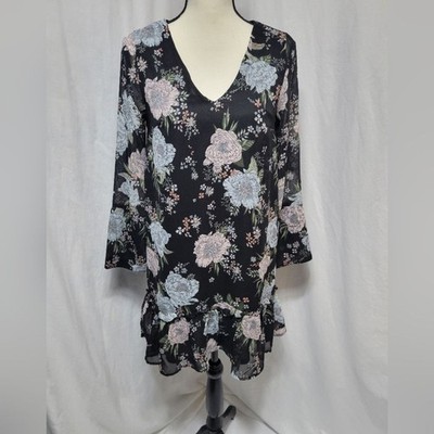 H&M Divided floral sheer long sleeve, keyhole back lined mini dress, sz 6