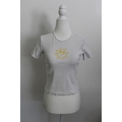 LC Waikiki White Ribbed Baby Tee Sun Heart Graphic Lettuce Hem Girls 12 Womens S
