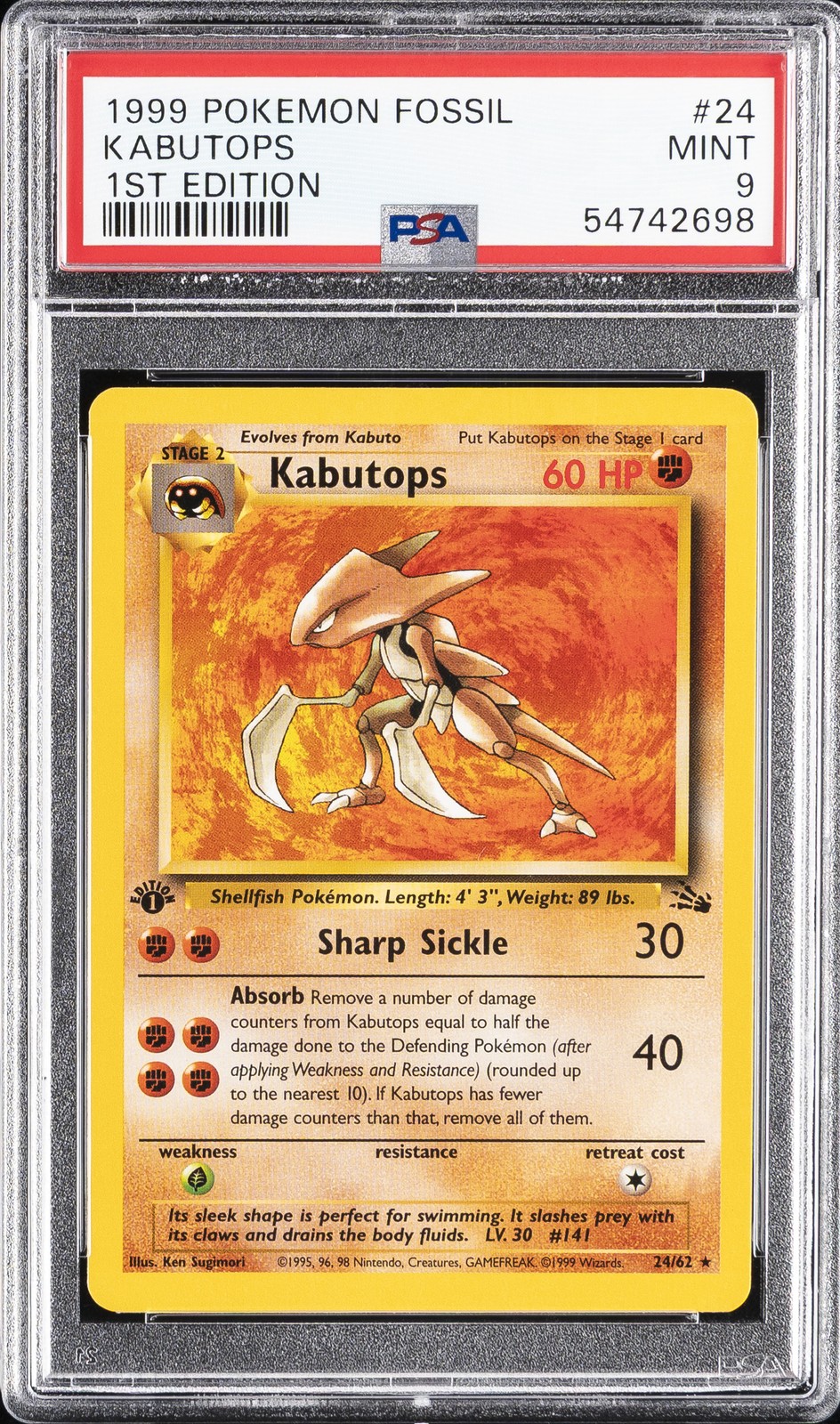 1999 POKEMON FOSSIL 1ST EDITION #24 KABUTOPS PSA 9