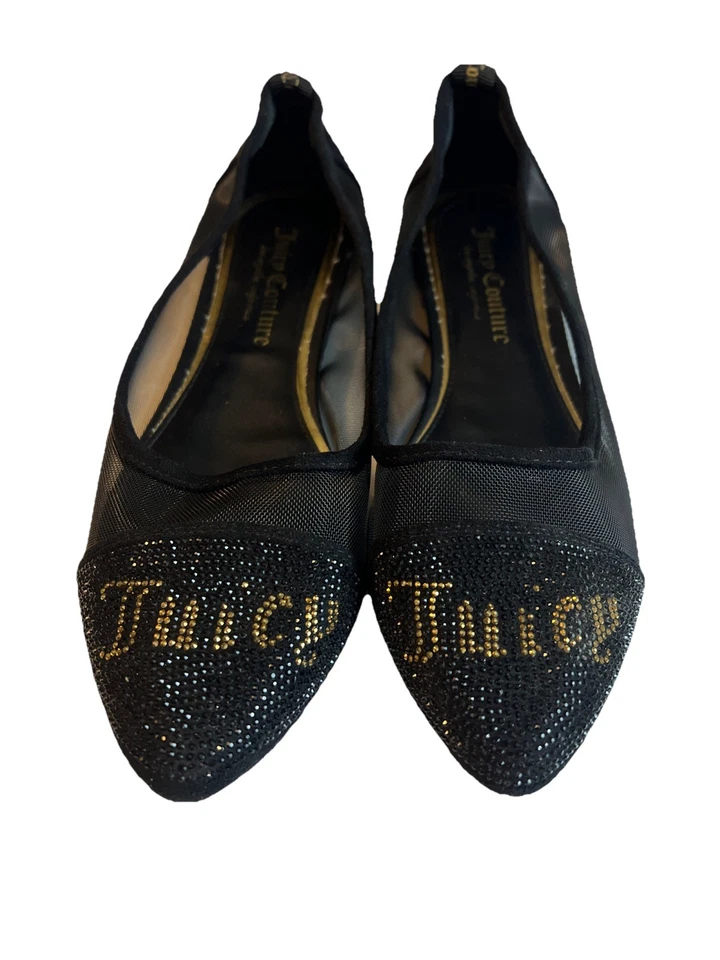 Zapatos Juicy Couture Penny para mujer 7,5 malla transparente planos negros gamuza estrás Foto 2 de 4