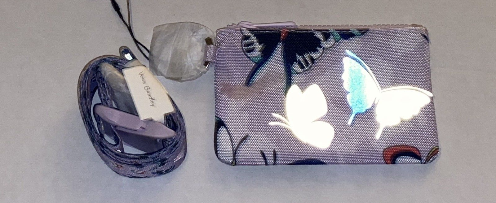 Vera Bradley Reactive Lavender Butterflies Zip ID Case & Wide Lanyard