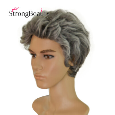 Short Ombre Silver Grey Wigs for Men Natural Gray Hair Synthetic Wavy Men Wigs