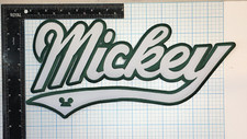 VINTAGE MICKEY MOUSE DISNEY CARTOON 13.5  IRON ON PATCH GREEN WHITE SCRIPT