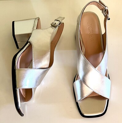 NIB J Crew size metallic silver leather Dylan cutout block heel sandals  BT905