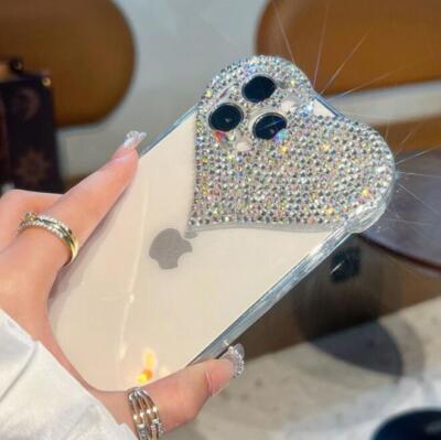 For iPhone 16 Pro Max 15 14 13 12 XS Luxury Love Heart Rhinestone Diamond Case