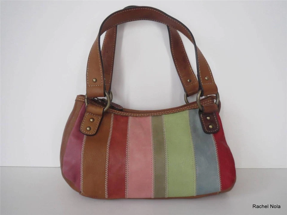 Bolso de Mano Fossil Cartera Cuero Pequeño Colorido Rayas Rojo Rosa Azul Asas Cremallera