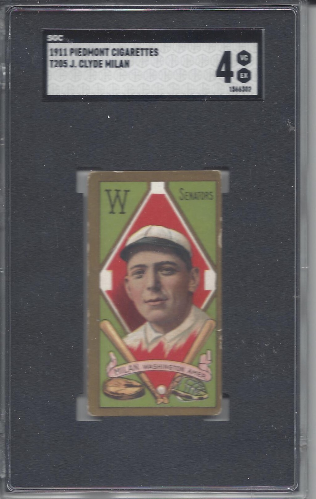 1911 T205 baseball card J. Clyde Milan, Washington Senators SGC 4 Piedmont