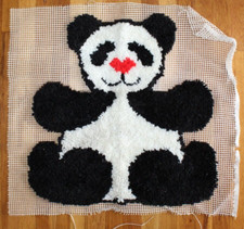 Vintage Latch Hook Black White Red Panda Bear Rug Wall Decor Complete 23" x 24"