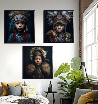 Indianer Drucke Porträt Kind Kinder Kunst 3er Set Drucke Wandkunst