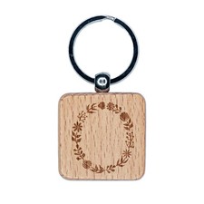 Elegant Botanical Floral Letter O Engraved Wood Square Keychain Tag Charm