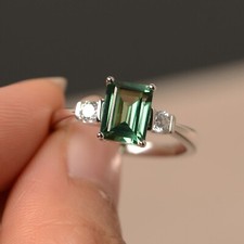 Teal Sapphire Ring Green Sapphire Ring Emerald Cut Silver Unique engagement ring