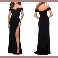 NEW 368 La Femme size 4 Off the Shoulder Jersey Gown in Black G1100