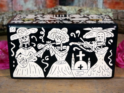Lackdose Tag der Toten Catrina Band Holz Handarbeit Olinalá Mexikanische Volkskunst