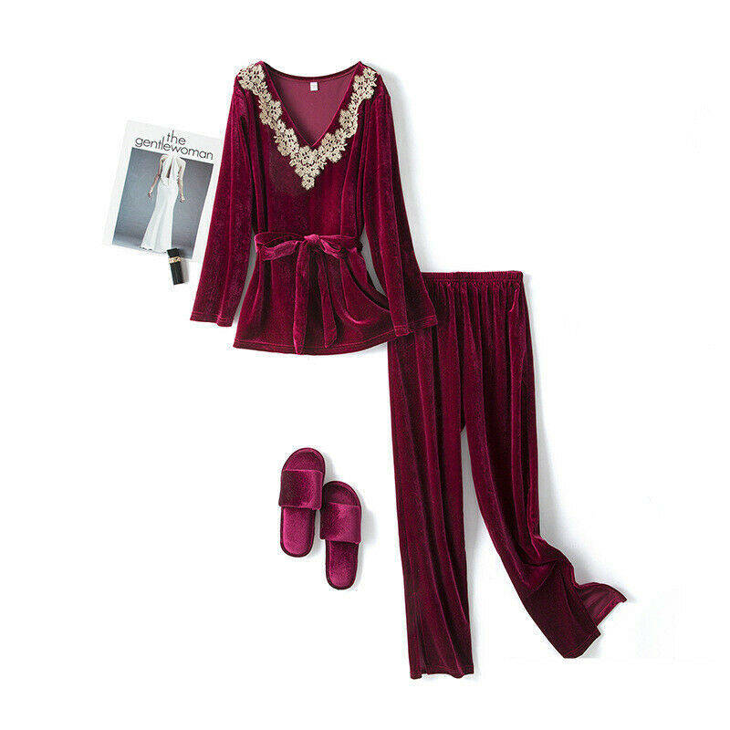 Ropa de dormir Plantas Pijamas Encaje Prendas para el torso Salón Invierno Terciopelo Pijama Damas Cuello en V