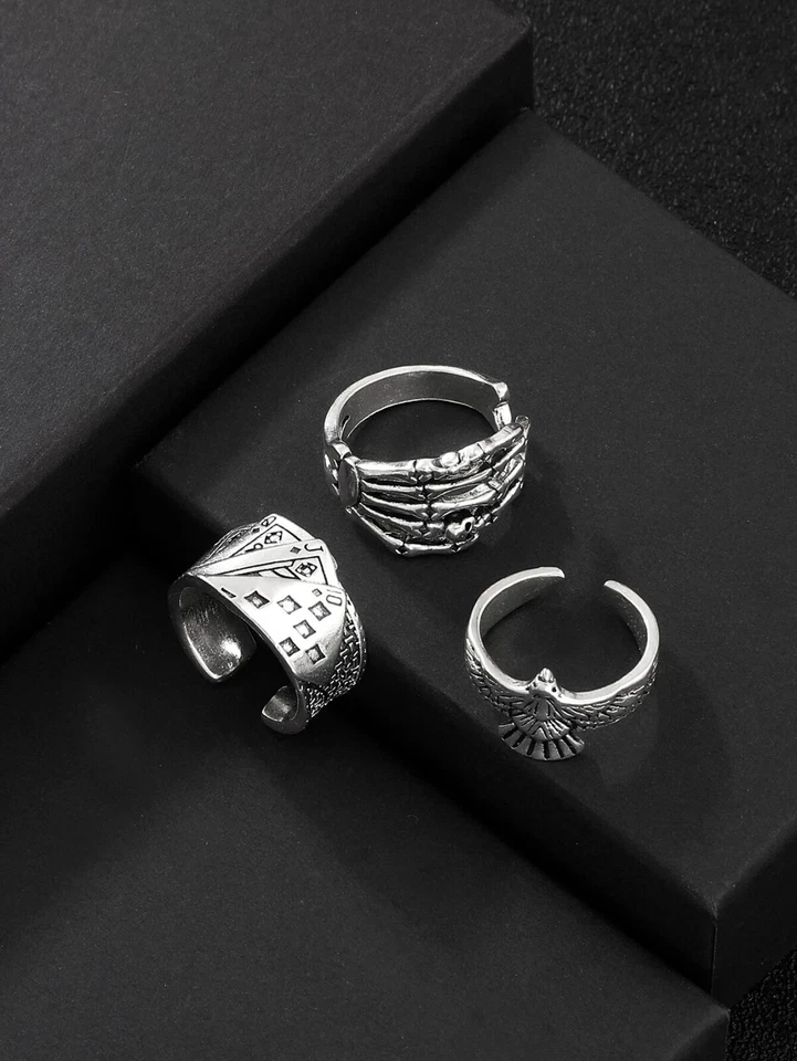 3 pezzi Anello anelli uomo scheletro mano e carte decorato poker colore argento - Immagine 2 di 4