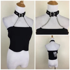 NWT BALBOA FASHION sz Medium/Large Black Silver Chain Neck Adj Buckle Crop Top