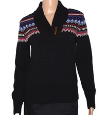 LAUREN RALPH LAUREN Fair Isle Nordic Black Multicolor Shawl Collar Sweater Sz S