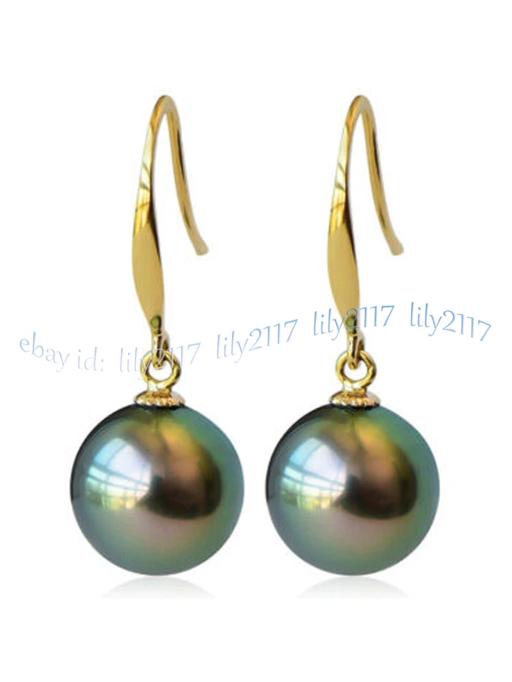Pendientes de gancho colgantes de oro de 14K de perlas redondas negras naturales genuinas de 11-12 mm de Tahití Foto 4 de 4