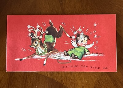 Vtg UNUSED Christmas Card EVE ROCKWELL Heavenly Cherubs ANGEL & DEER FELL DOWN