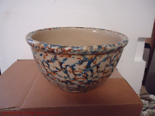 Antique Red Wing Stoneware 8 1/2” Paneled Spongeware Bowl RED Blue # 8 - Picture 2 of 5