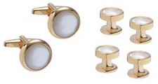 David Van Hagen Mens Mother Of Pearl Dress Studs and Cufflinks Set - White/Gold