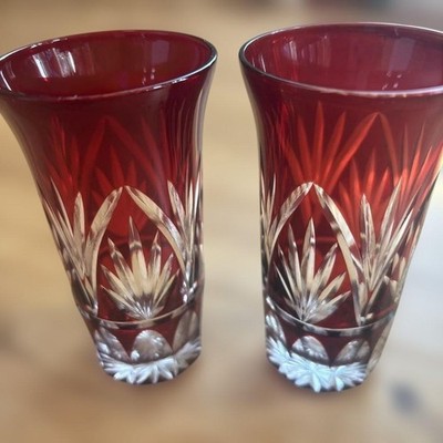 Japanisches Edo Kiriko Rot Geschliffenes Glas Paar Set Kristall Tassen