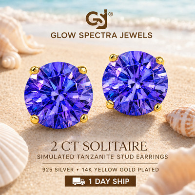 2.00CT Solitaire Tanzanite Stud Erring 925 Silver 14k Yellow Gold Plated