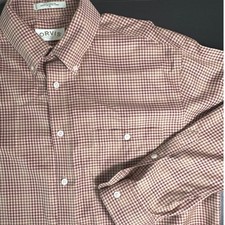 Orvis Mens XL Gingham Check Button Down Shirt Burgundy Tan Cotton Long Sleeve