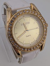 Manhattan by Croton Watch Women 40mm Case Pave Bezel White Band- New Battery