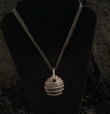 Wire Wrapped Art Glass Pendant Necklace Black Silver Copper Boho Statement 18  