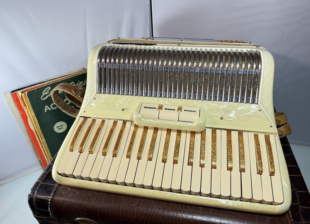 Vintage Lo Duca Bros Petite Console 120 Bass Pearl White & Gold w