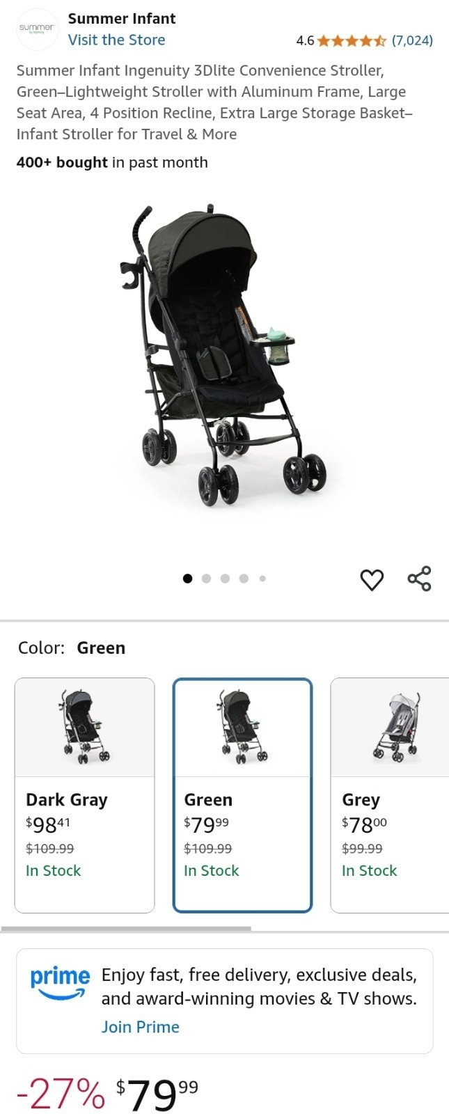 Summer Infant Ingenuity 3Dlite Convenience Stroller, Green–Lightweight Stroller