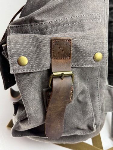 KATTEE Leather Backpack Canvas Travel Bag Rucksack Gray Brown Pockets Buckles - Picture 10 of 18