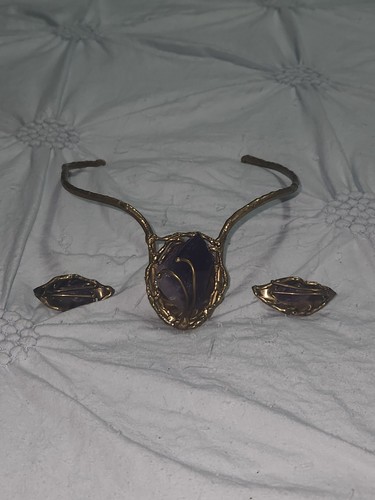 Handcrafted Fantasy Crown Tiara Earrings Set Purple Crystal Amethyst Renaissance