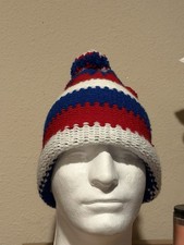 Handmade Red White Blue Striped Knit Bobble Hat Pom-Pom Ear Flap Winter Acrylic