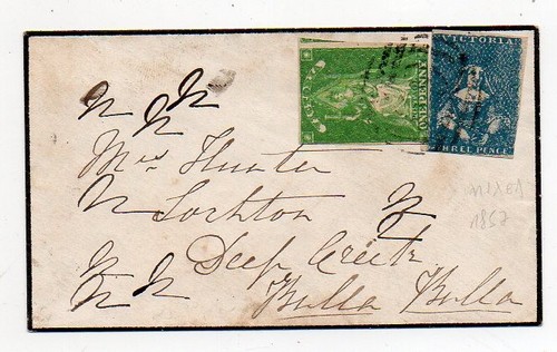 1857 AUSTRALIA VICTORIA COVER SUPERB MIXED ISSUES FRANKING SENT TO BULLA, RARITY