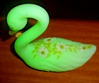 Fenton Swan Glass Satin Vaseline Uranium Hand Painted Figurine Signed h. Doonan