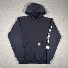 Carhartt Hoodie Men's Small Navy K288 Logo Sleeve Loose Fit Pullover