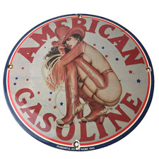 Vintage American Gasoline Sign - Gas Motor Oil Pump Porcelain Pinup Girl Sign Vintage American Gasoline Sign - Gas Motor Oil Pump Porcelain Pinup Girl Sign