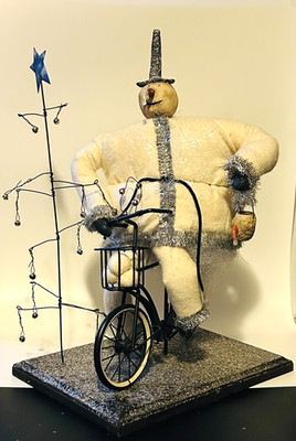 Vintage Folk Art Snowman Riding Bicycle 15'' Primitive B 3213