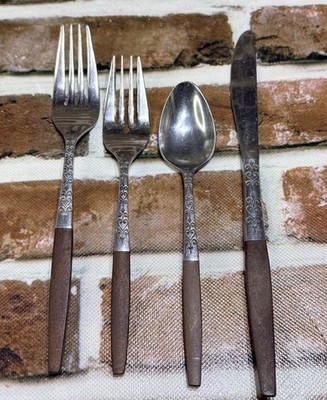 Interpur INR3 Faux Canoe Wood 4 Piece MCM Stainless Flatware Japan