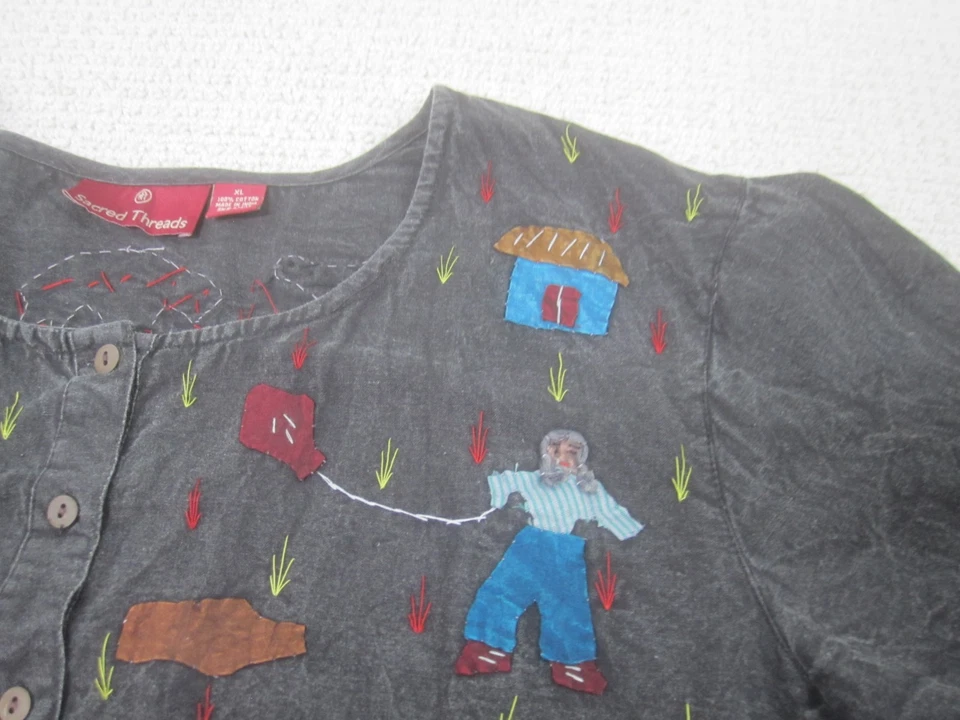 Camisa Sacred Threads Mujer XL Gris Bordada Informal Recortada Manga Larga Foto 4 de 4