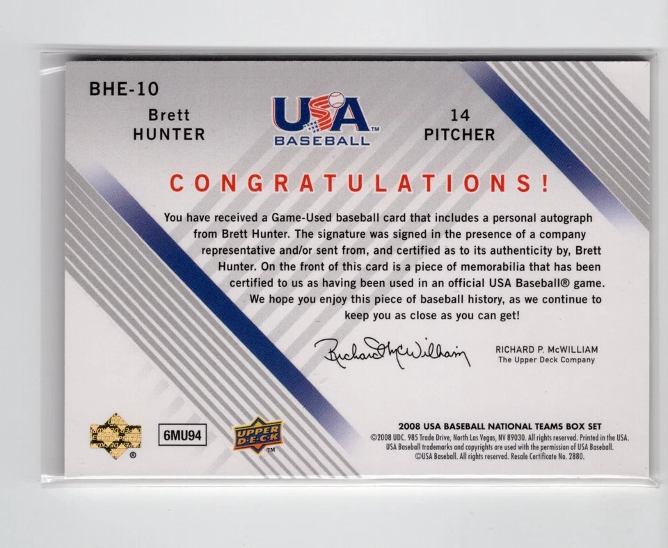 2008 USA Baseball National Teams Jersey Autos Black Ink SP/195 Brett Hunter - Image 2 of 2