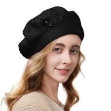 Flower Embroidery Beret Hat Women French Style Knitted Stylish Cap