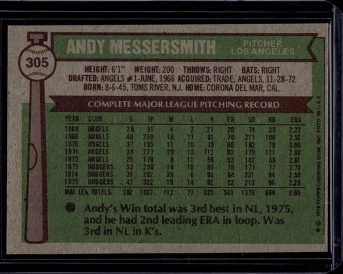 Andy Messersmith 1976 Topps #305 casi nuevo o mejor estado - Imagen 2 de 2